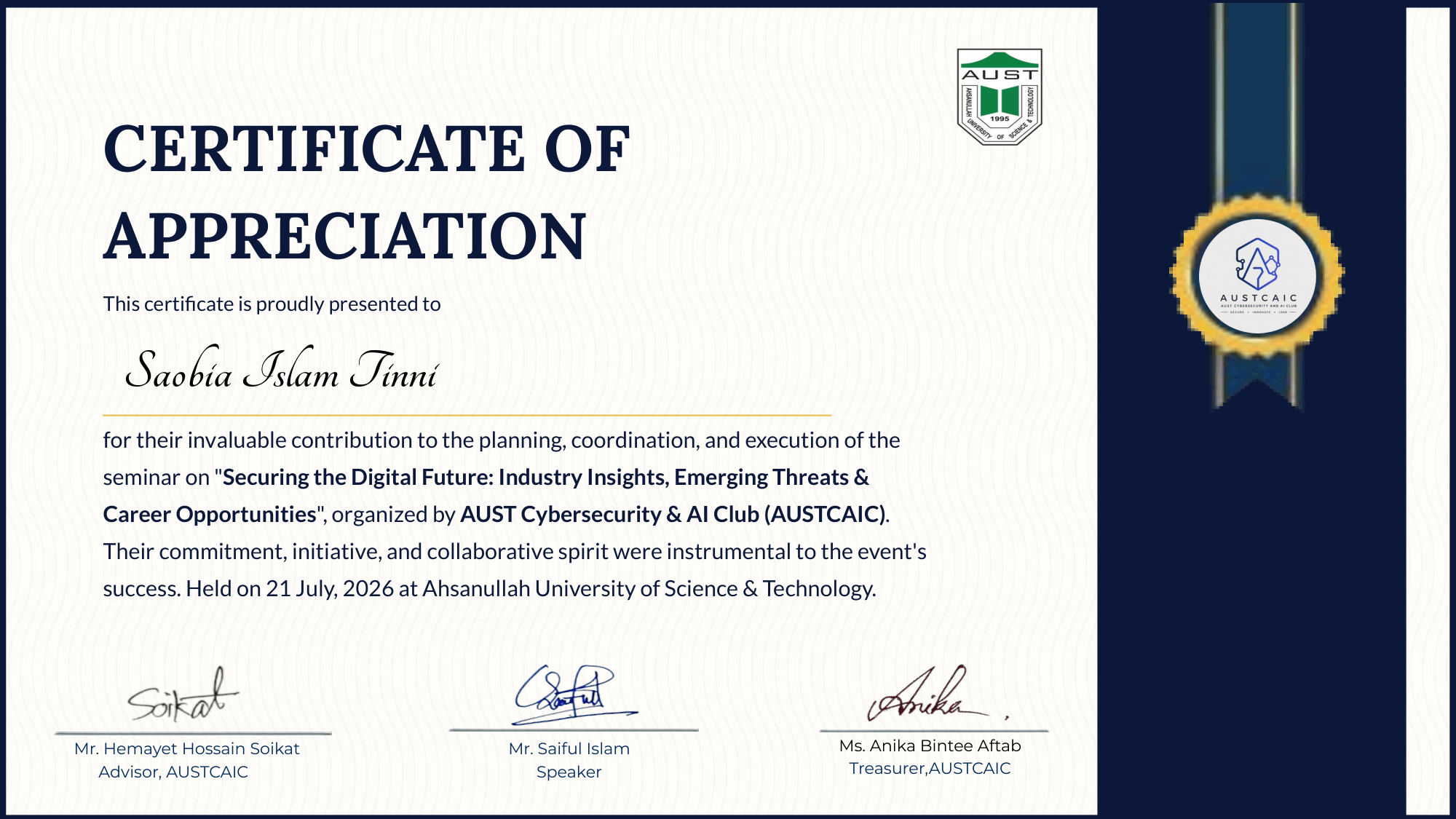 Seminar Organizer Certificate of Appreciation